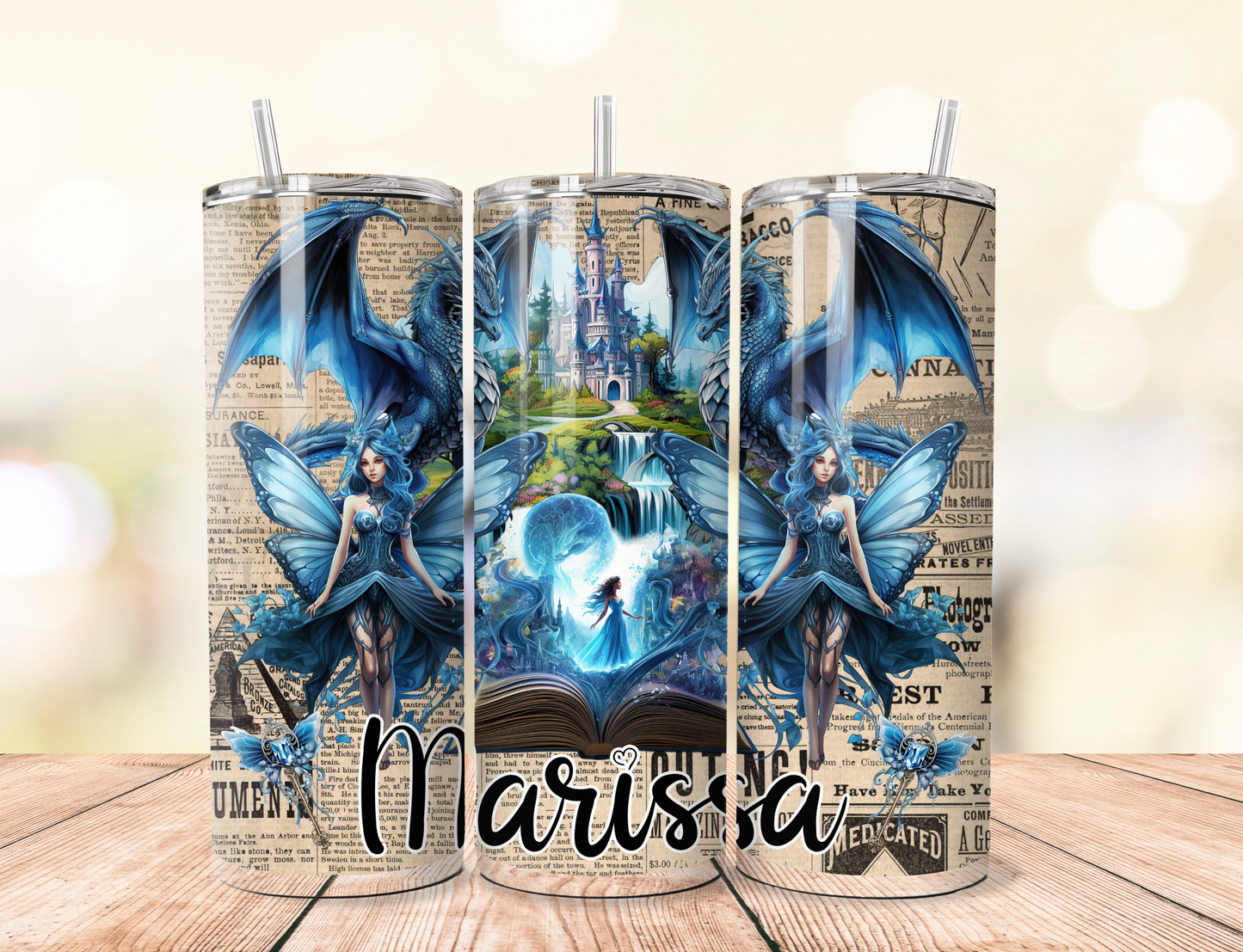 Blue fairy tale with princess castle book skinny 20 oz tumbler with any name