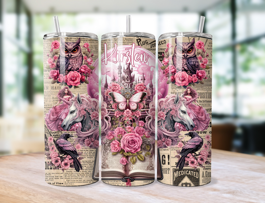 Pink Fairy castle butterfly 20oz skinny tumbler personalised with any name