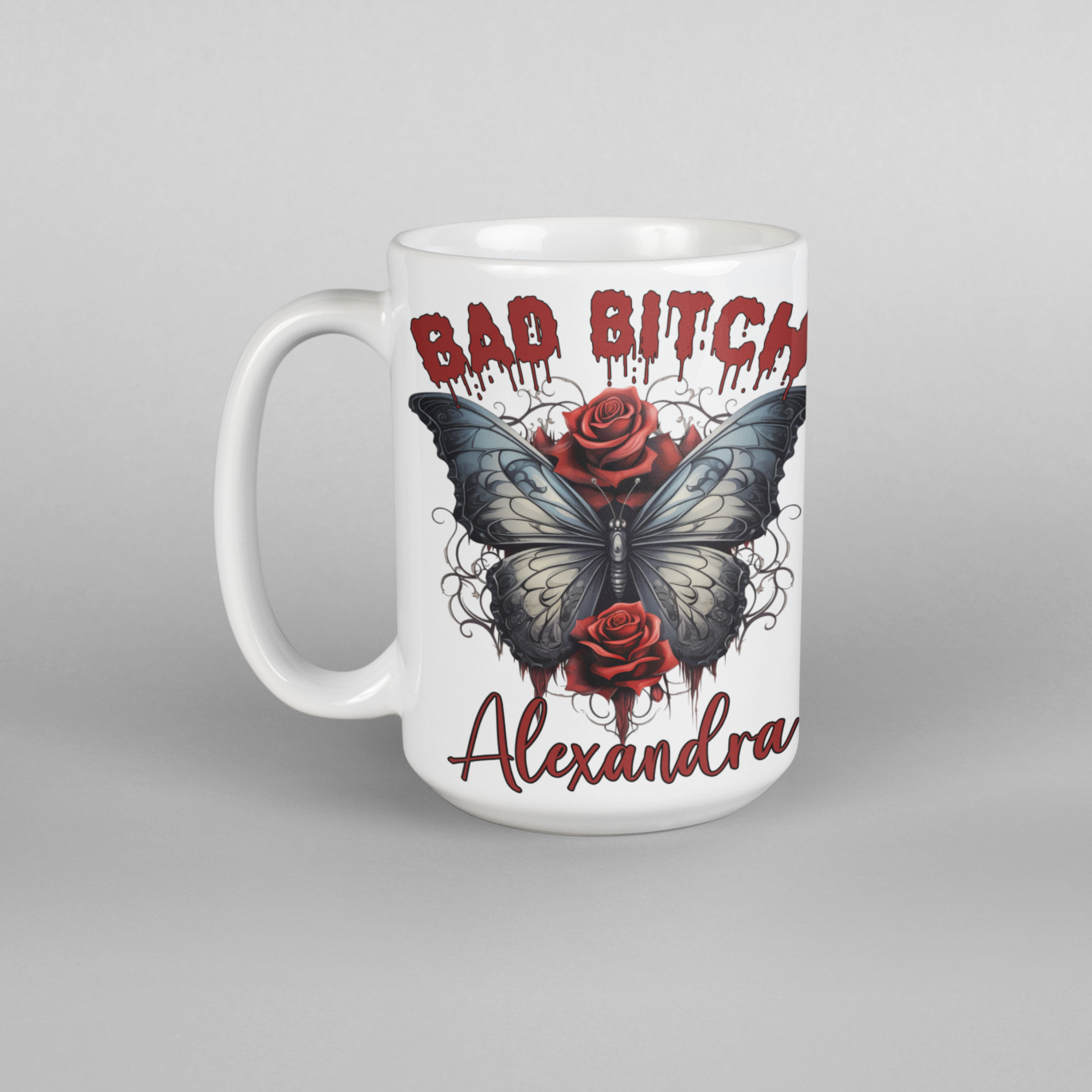 Bad bitch gothic style butterfly roses personalised coffee mug