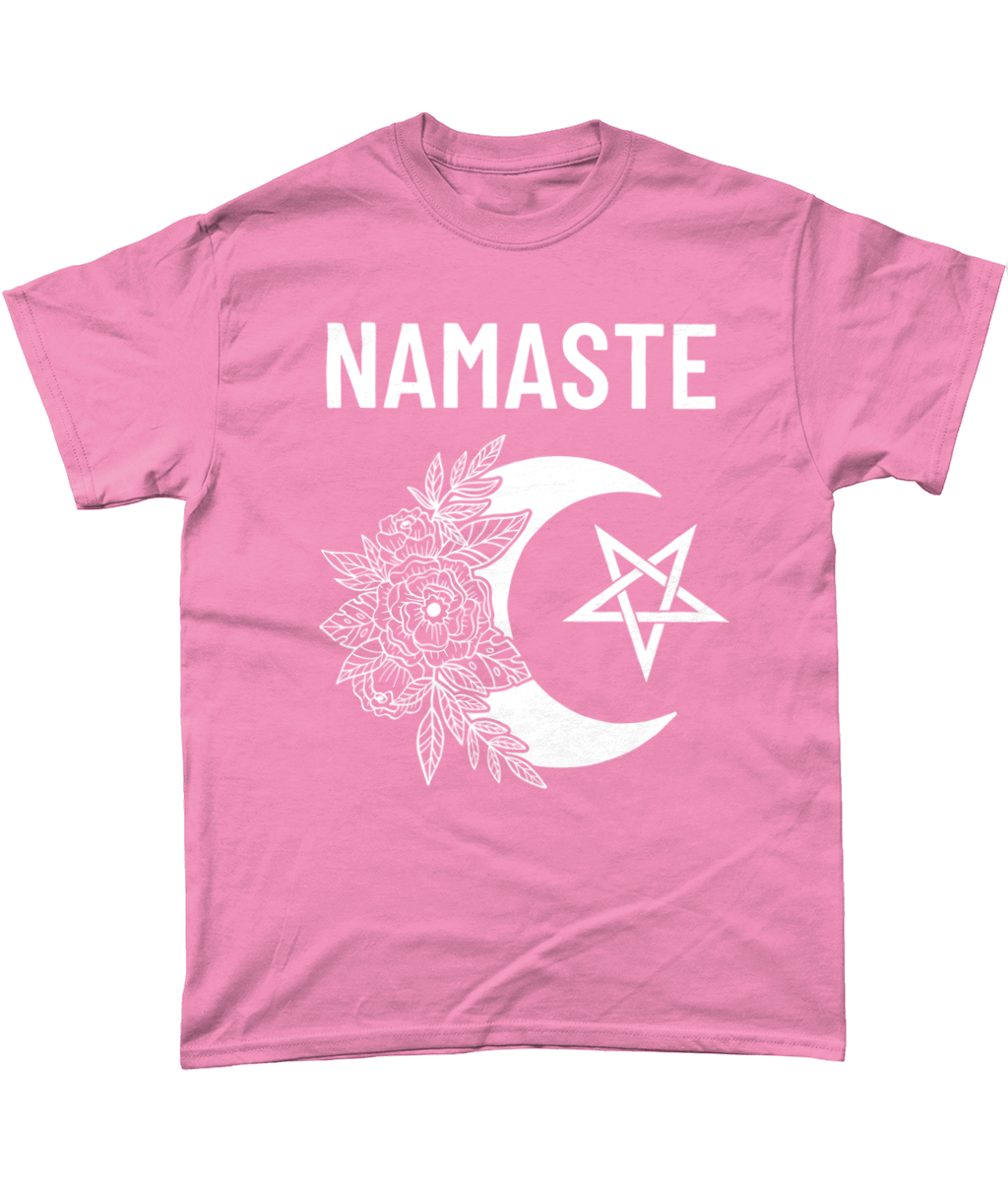 Namaste Cotton T-Shirt Pagan Clothing with moon, flowers and pentagram