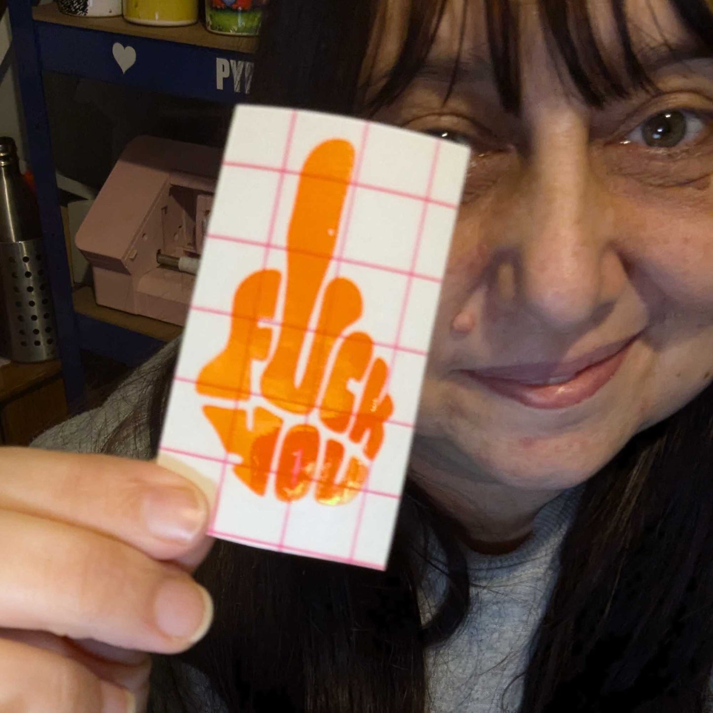 Fuck You Middle Finger Vinyl Decal Sticker β Hilariously Rude, Pearlescent Orange/Pink/Green β Perfect for Mugs, Laptops, Windows, and More