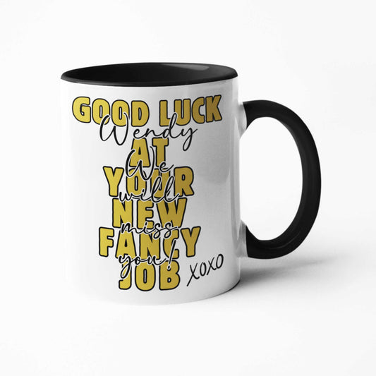 good luck at new job co-worker colleague leaving gift personalised coffee mug white with black handle & inner 11oz work bestie leaving present