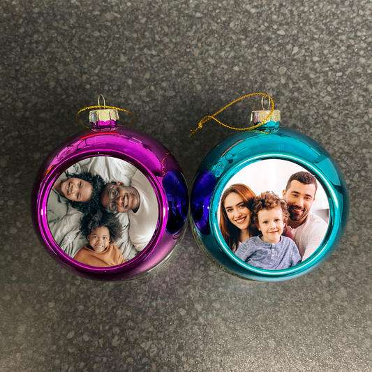 blue photo tree bauble and pink photo Christmas tree bauble