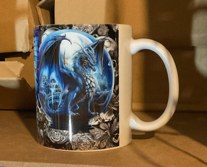 Mythical blue dragon on grey skulls full wrap fairytale mug