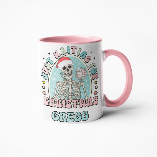 Just waiting for Christmas personalised skeleton coffee mug xmas cup 15oz large or 11oz