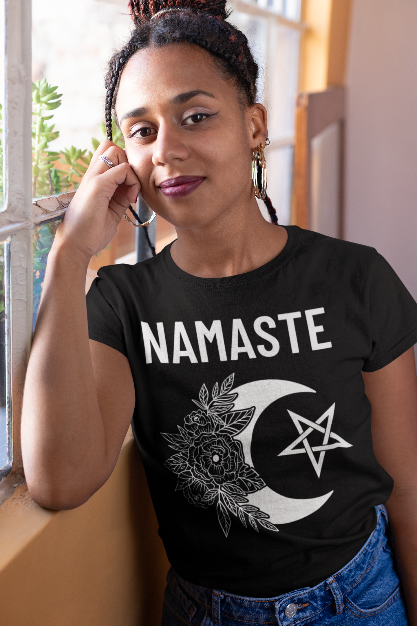 Namaste Cotton T-Shirt Pagan Clothing with moon, flowers and pentagram