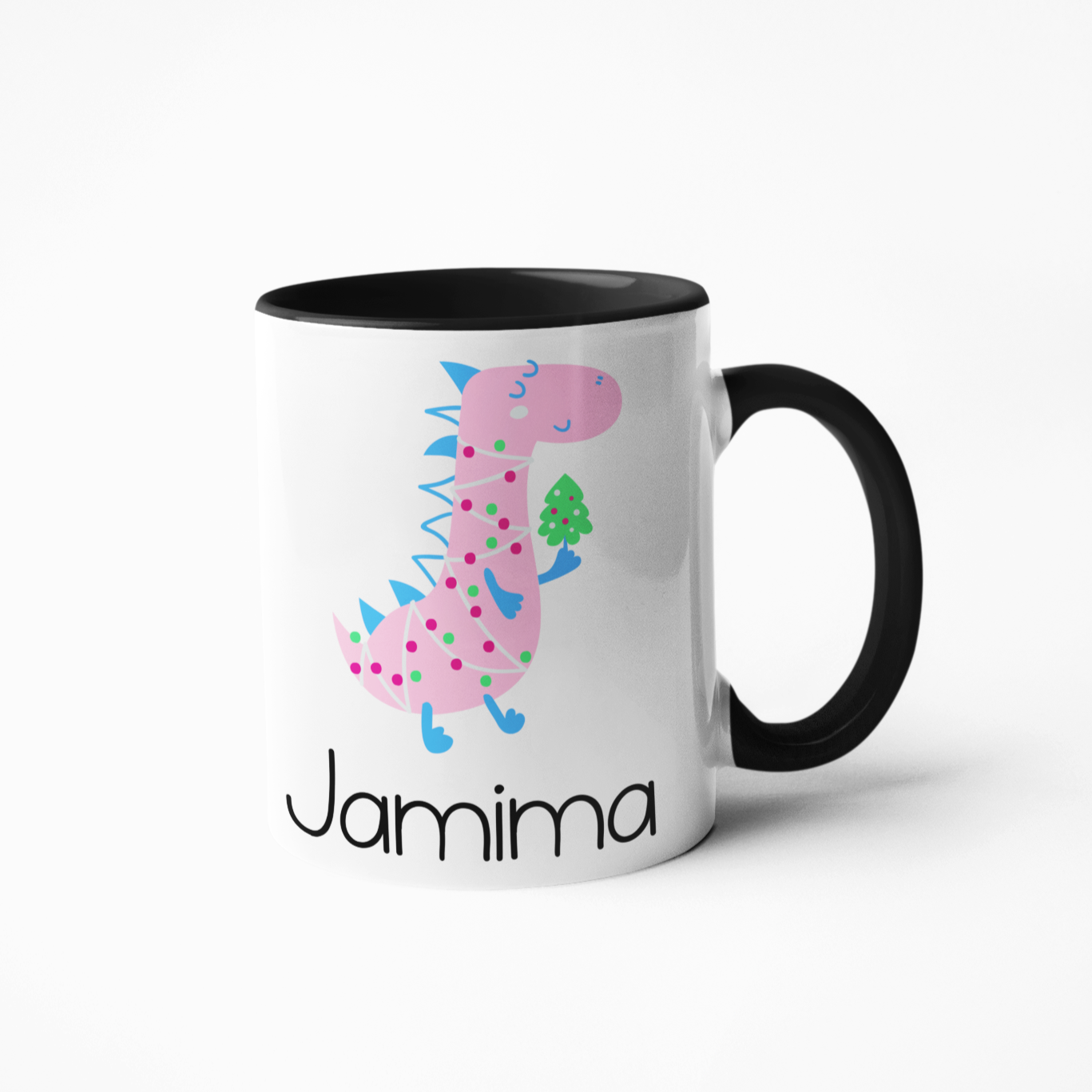 pink dinosaur personalised Christmas mug for kids