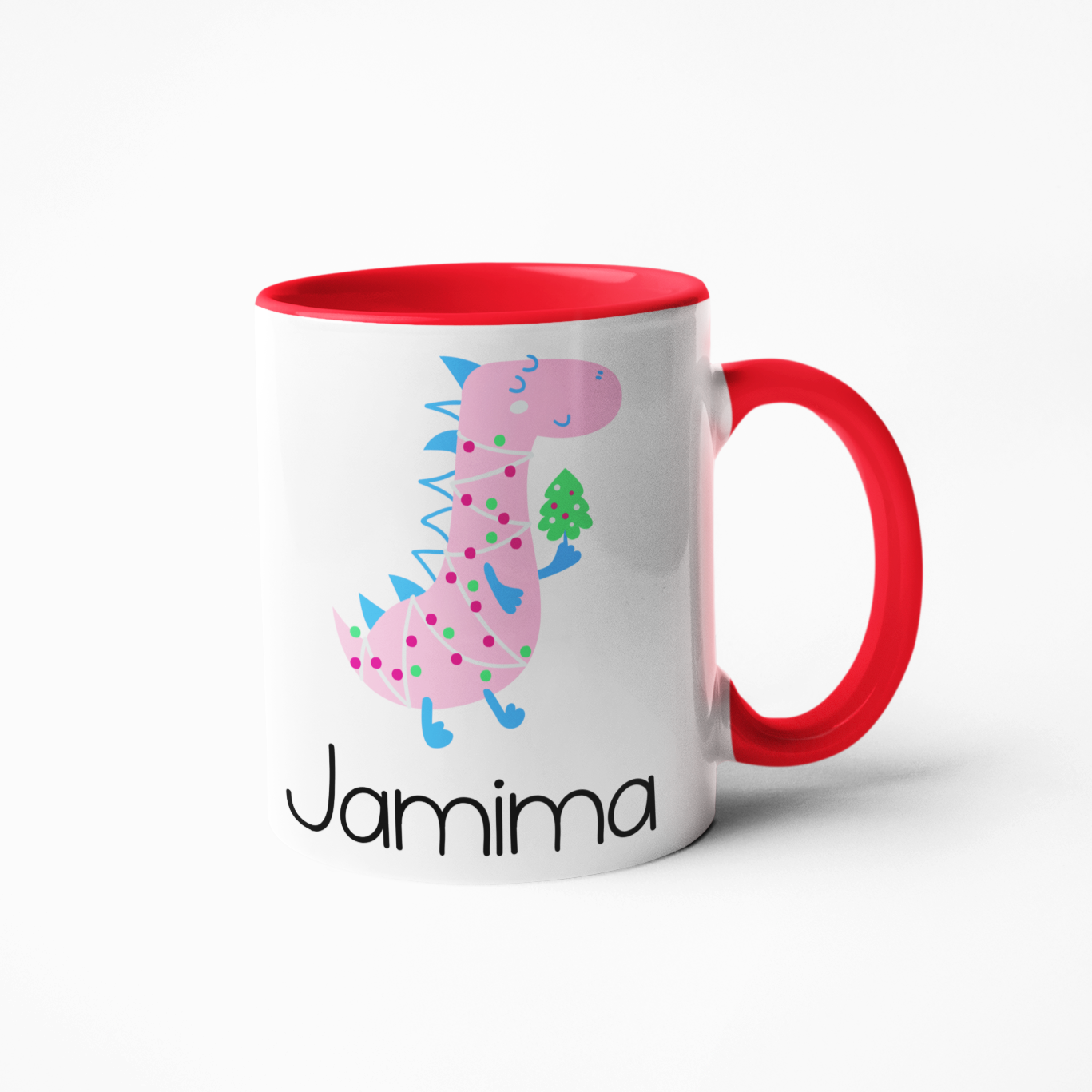 pink dinosaur personalised Christmas mug for kids