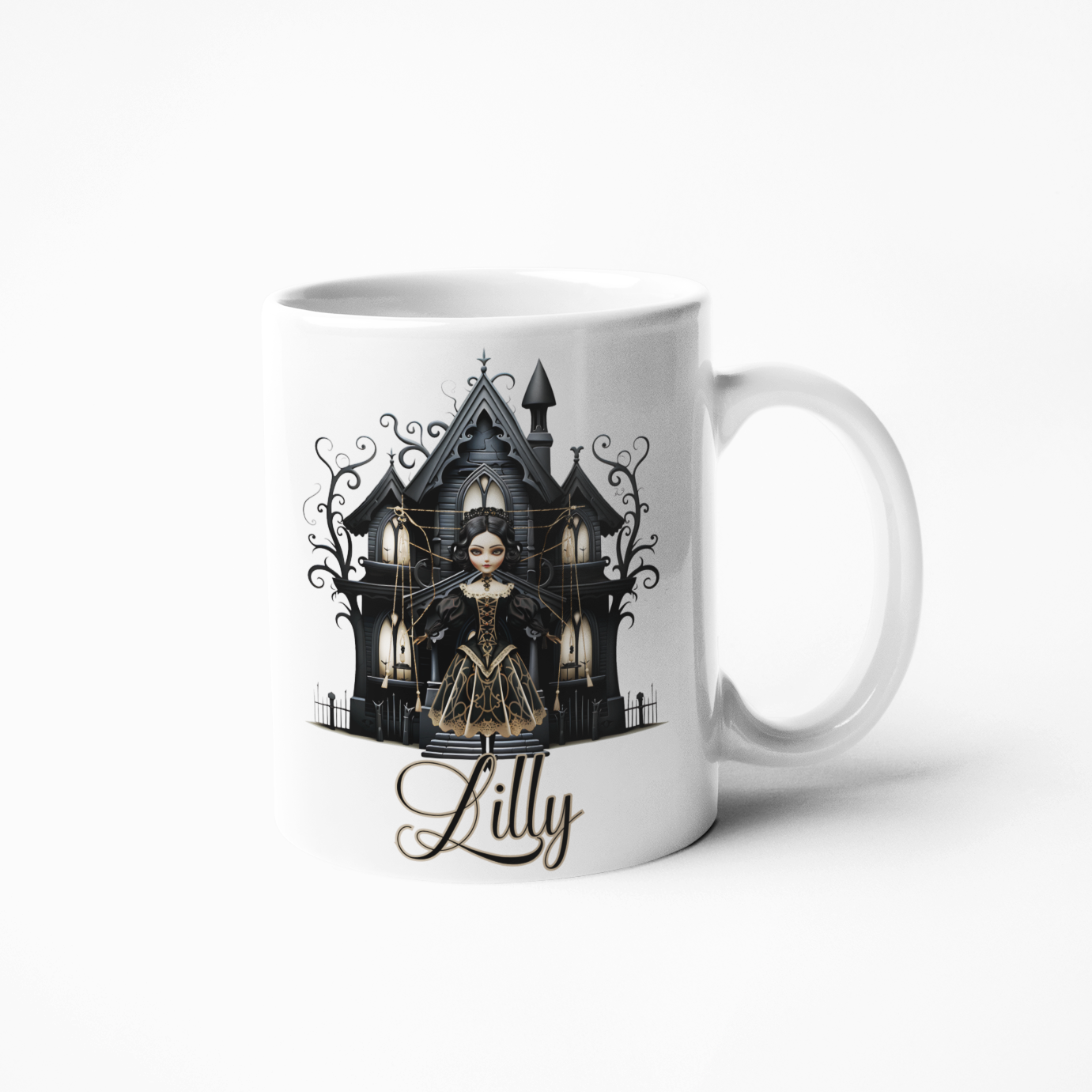Gothic doll with haunted house coffee mug