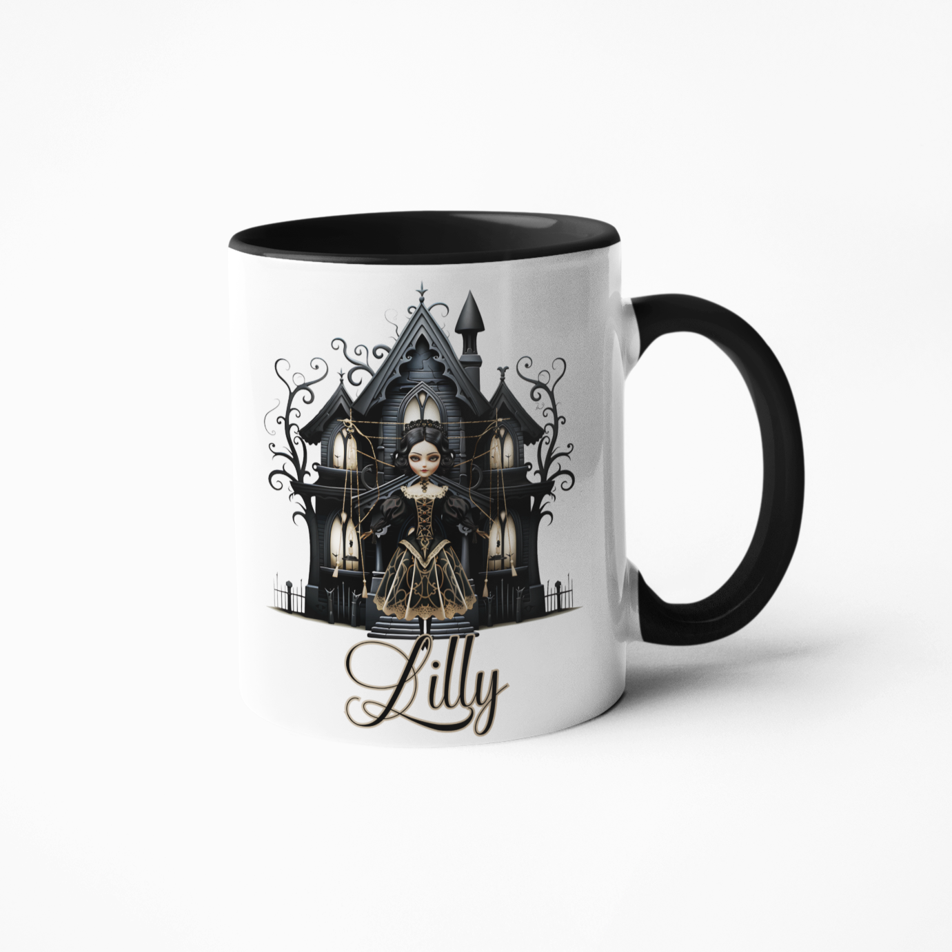 Gothic doll with haunted house coffee mug