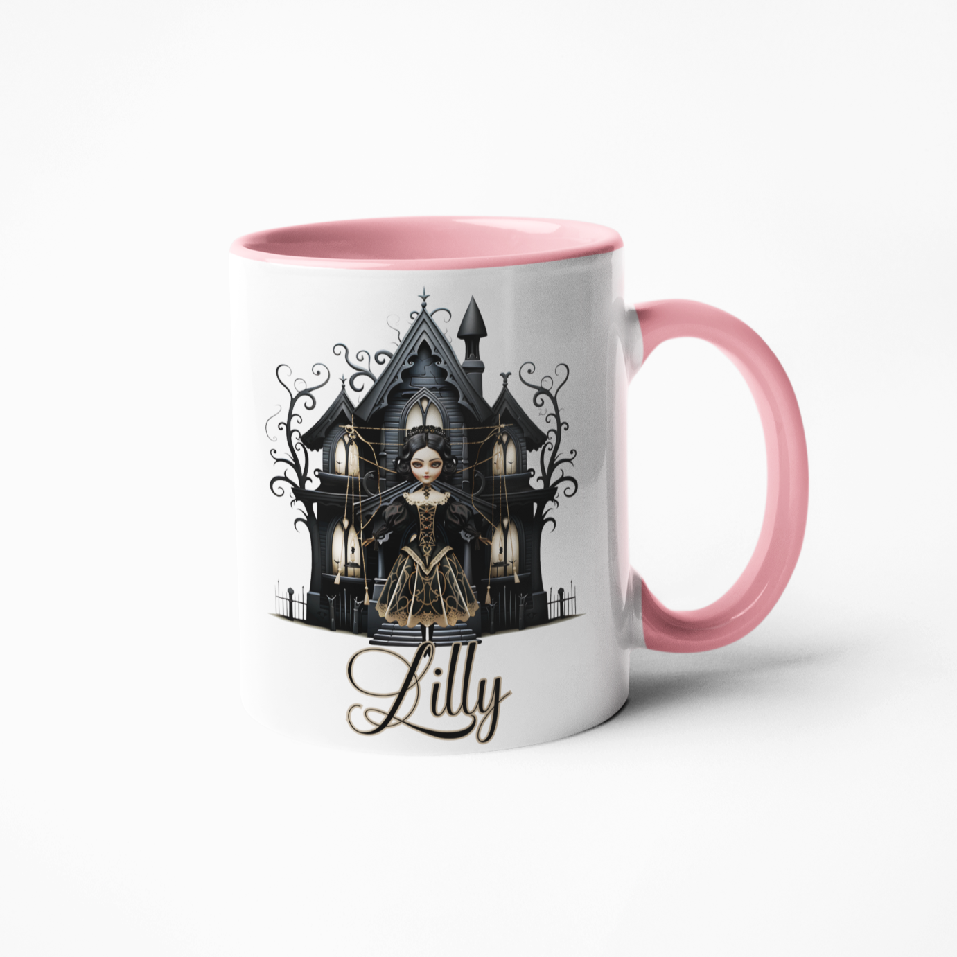 Gothic doll with haunted house coffee mug