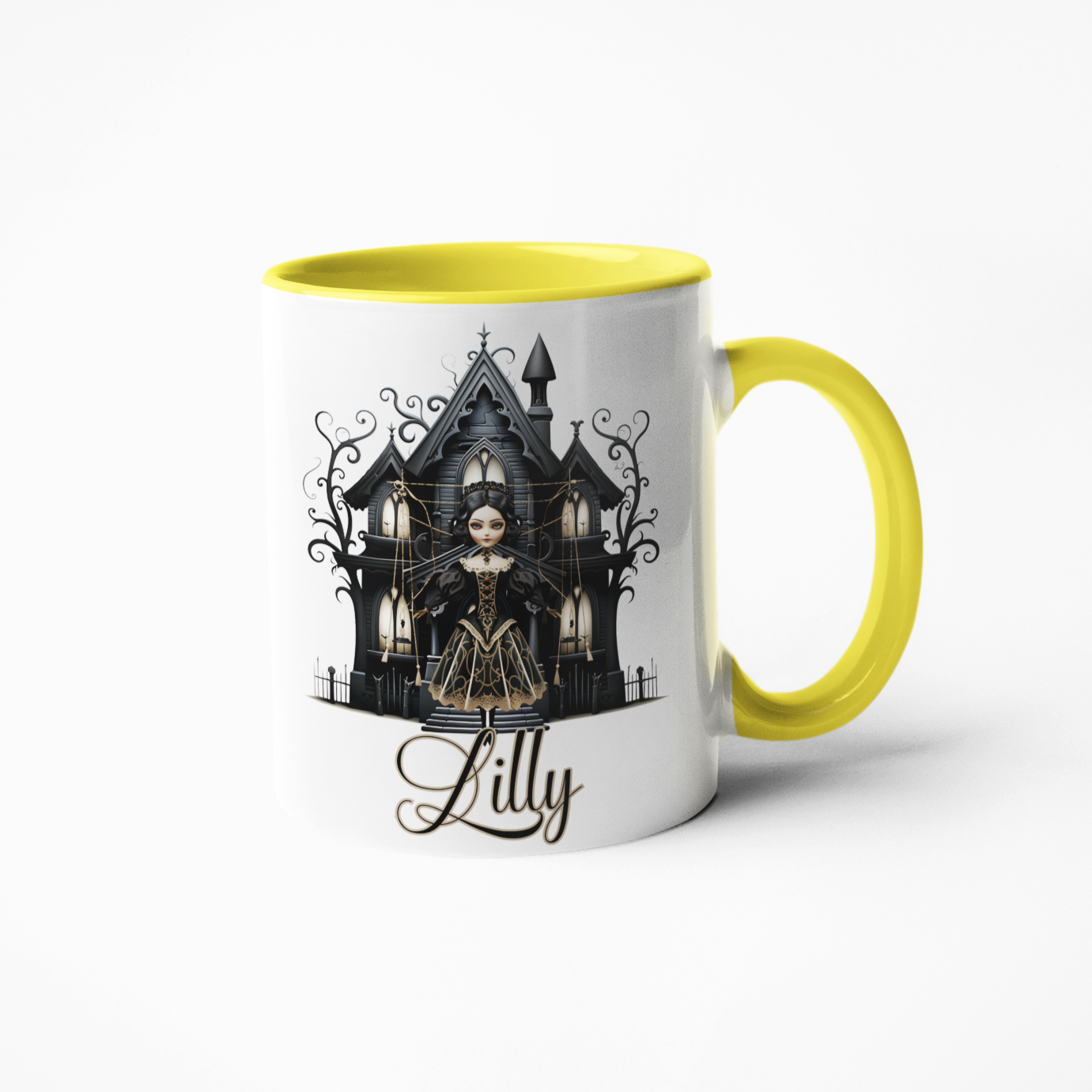 Gothic doll with haunted house coffee mug