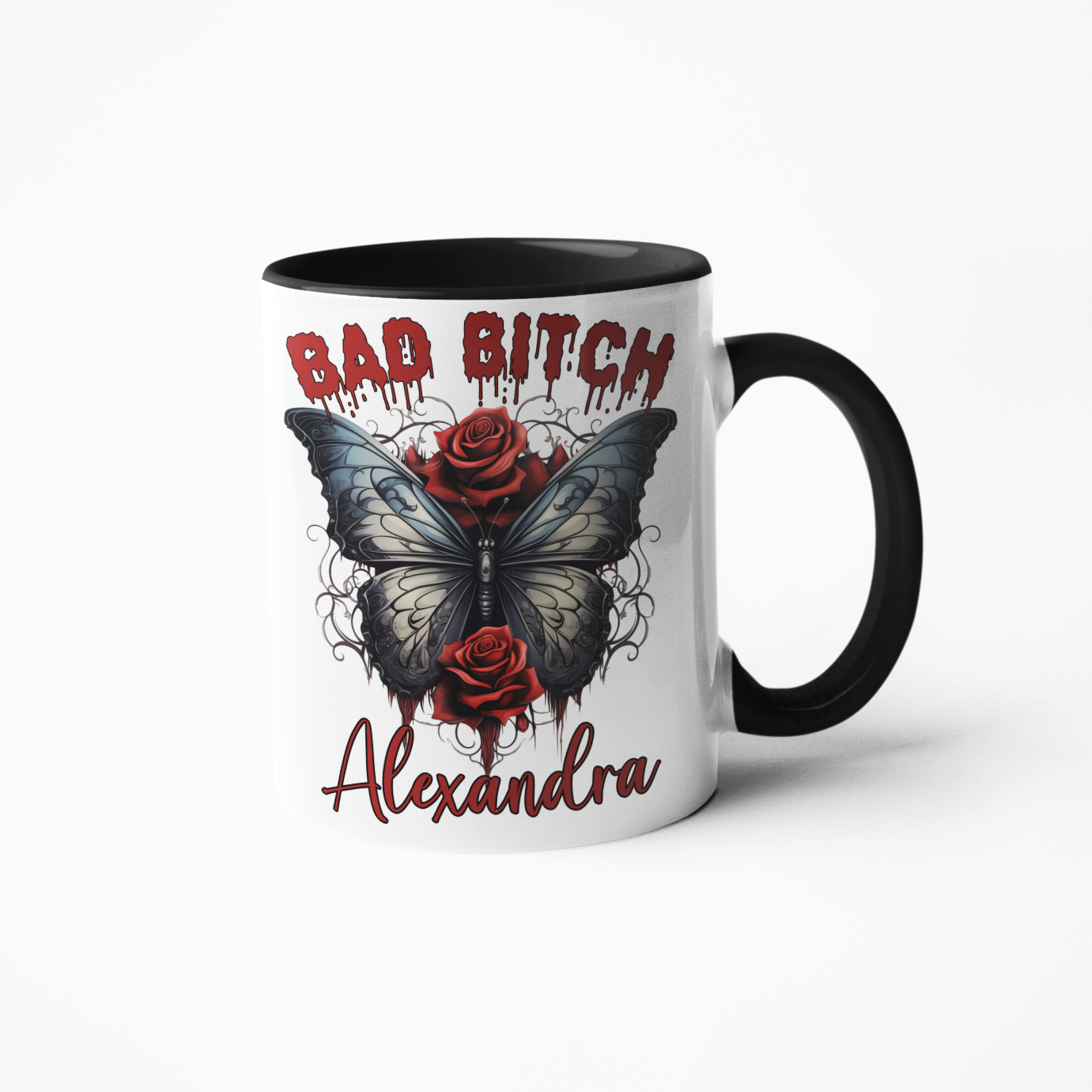 Bad bitch gothic style butterfly roses personalised coffee mug