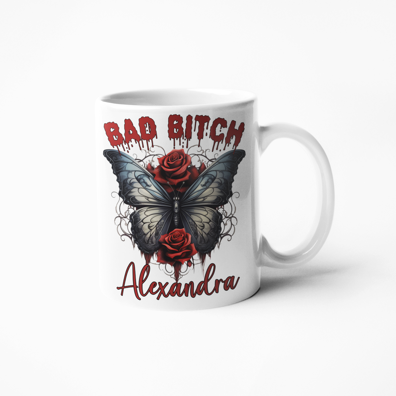 Bad bitch gothic style butterfly roses personalised coffee mug