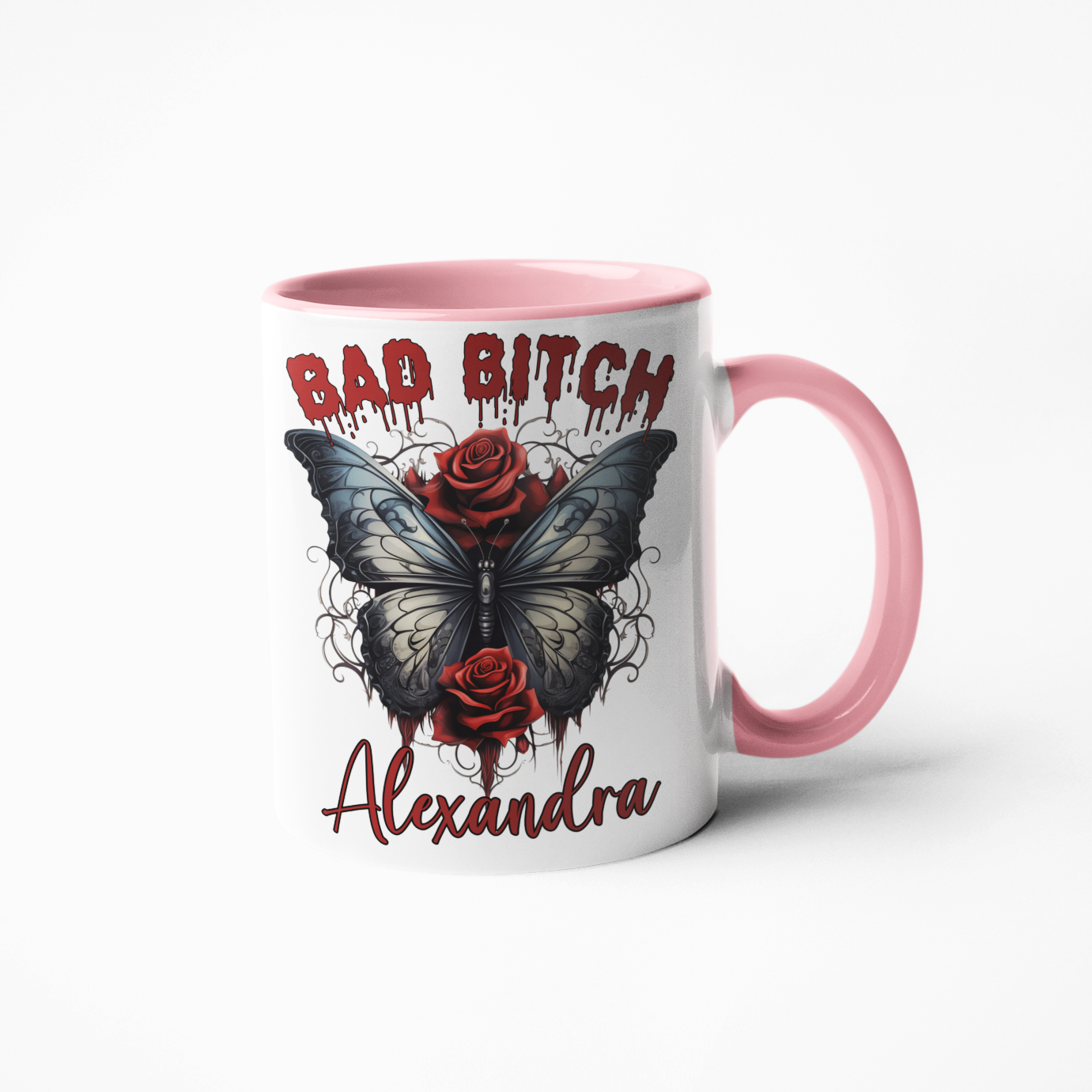 Bad bitch gothic style butterfly roses personalised coffee mug