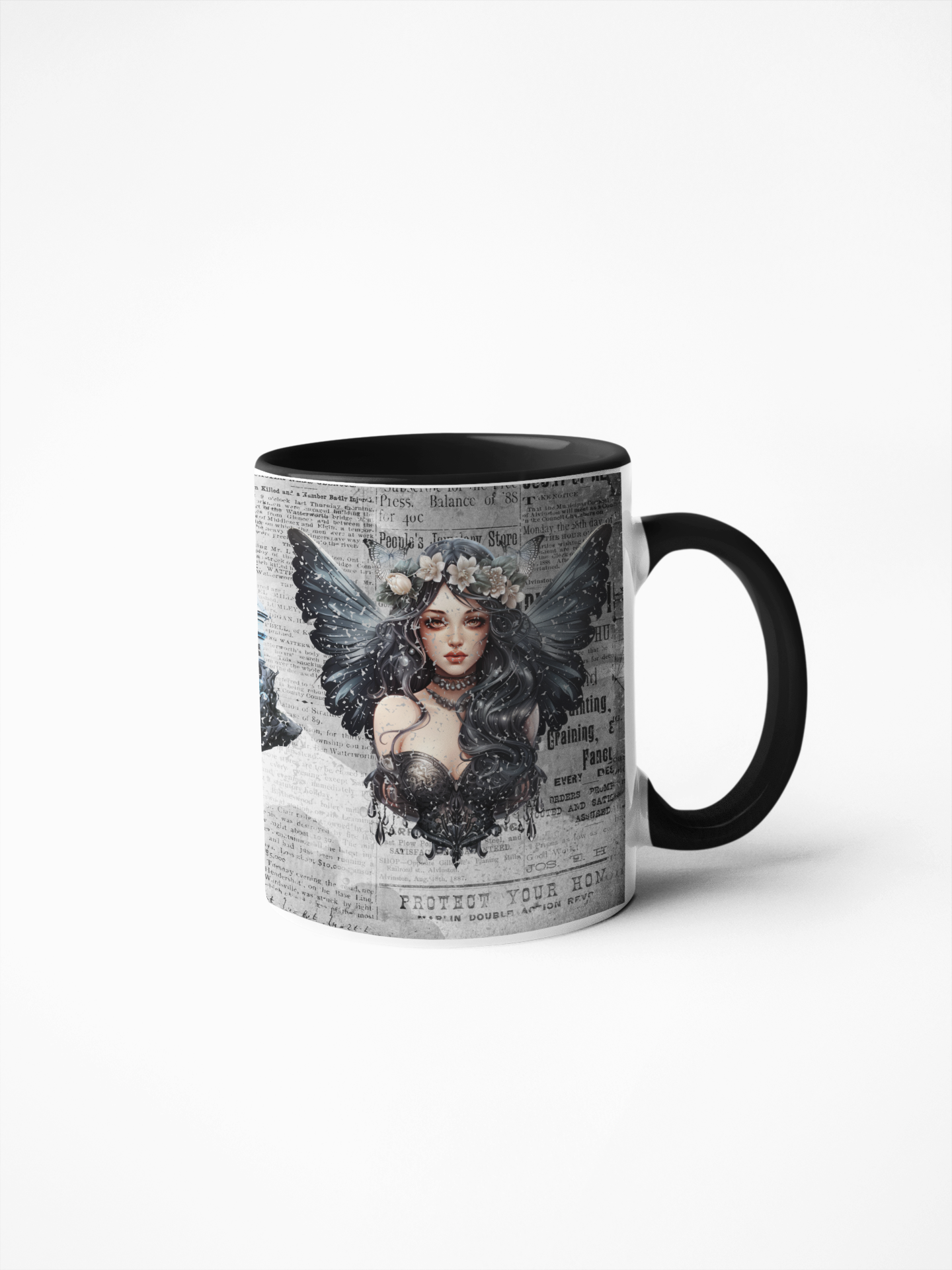Gothic fairy girl castle butterfly on newspaper background 11oz mug