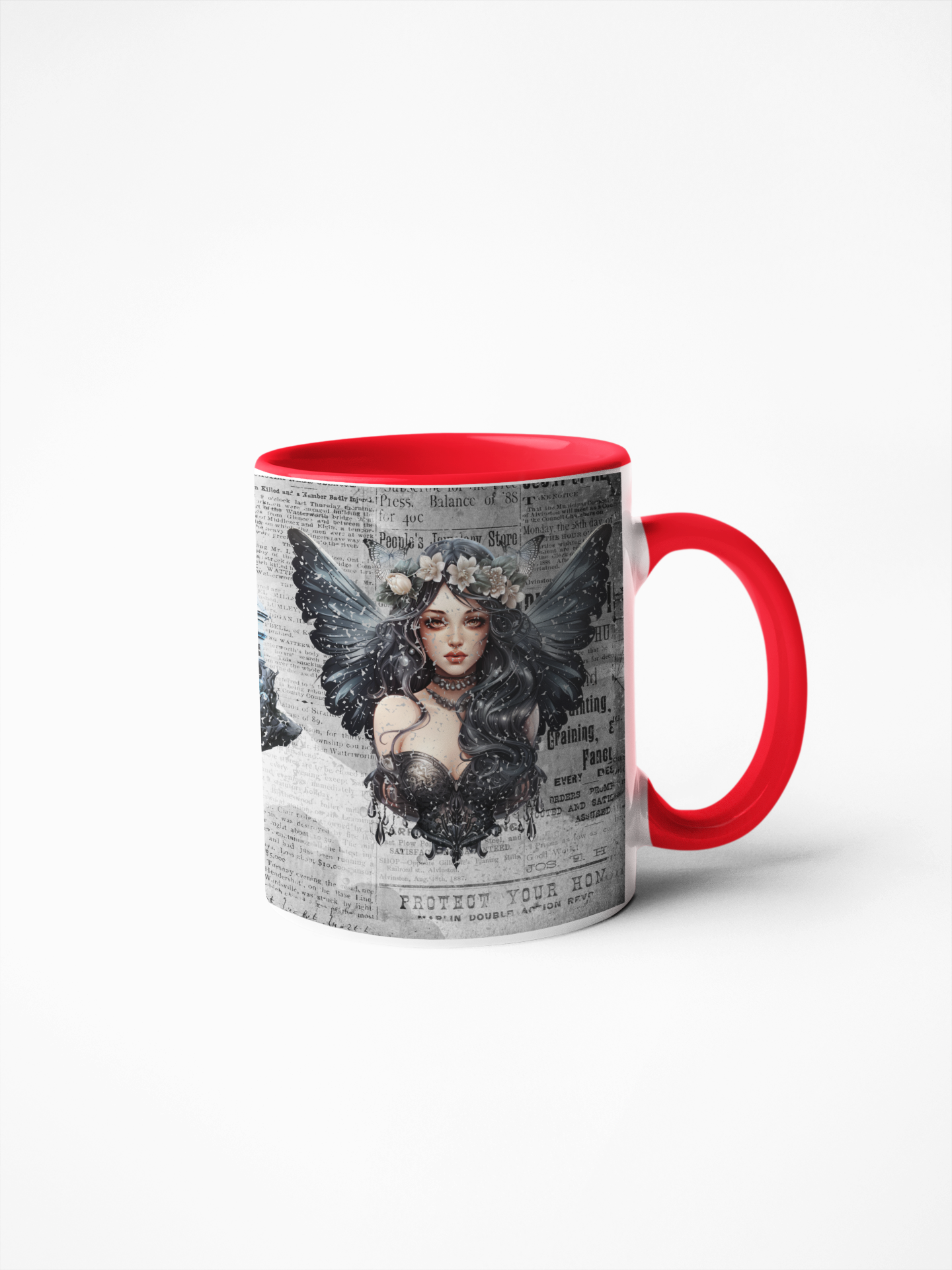 Gothic fairy girl castle butterfly on newspaper background 11oz mug