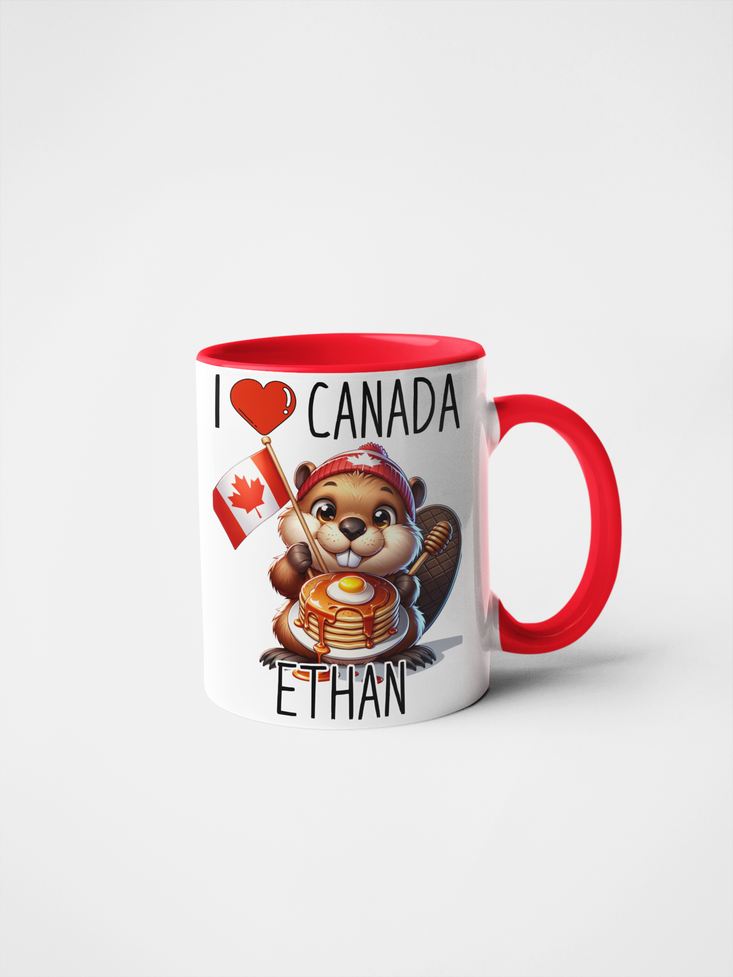 Personalised I love Canada Beaver Mug with Maple Syrup Stack – Custom Name Gift, Canadian Souvenir, Cute Beaver Lover Present