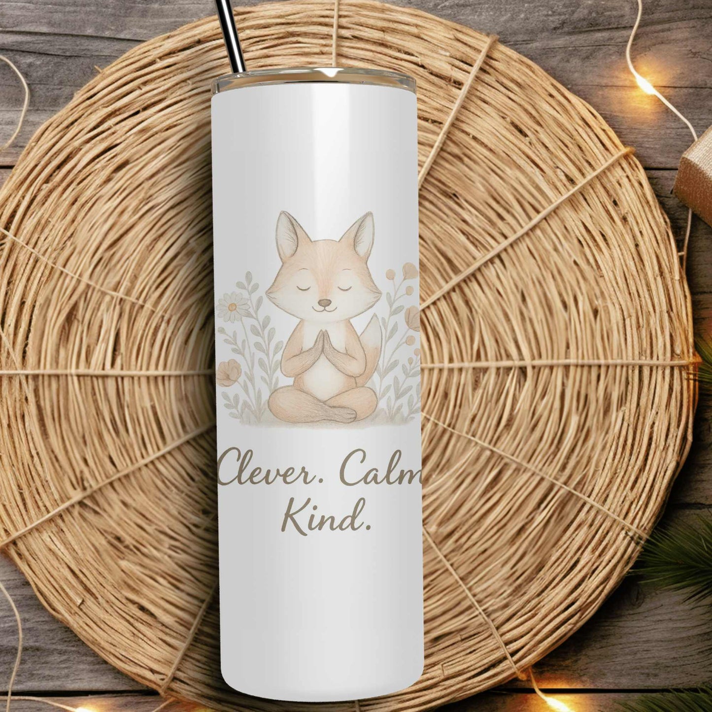 Clever. Calm. Kind. β Mindful Fox Mug, Tumbler or Coaster | Gentle Gift of Encouragement for Women | Self-Care, Wellness, Mental Health Support