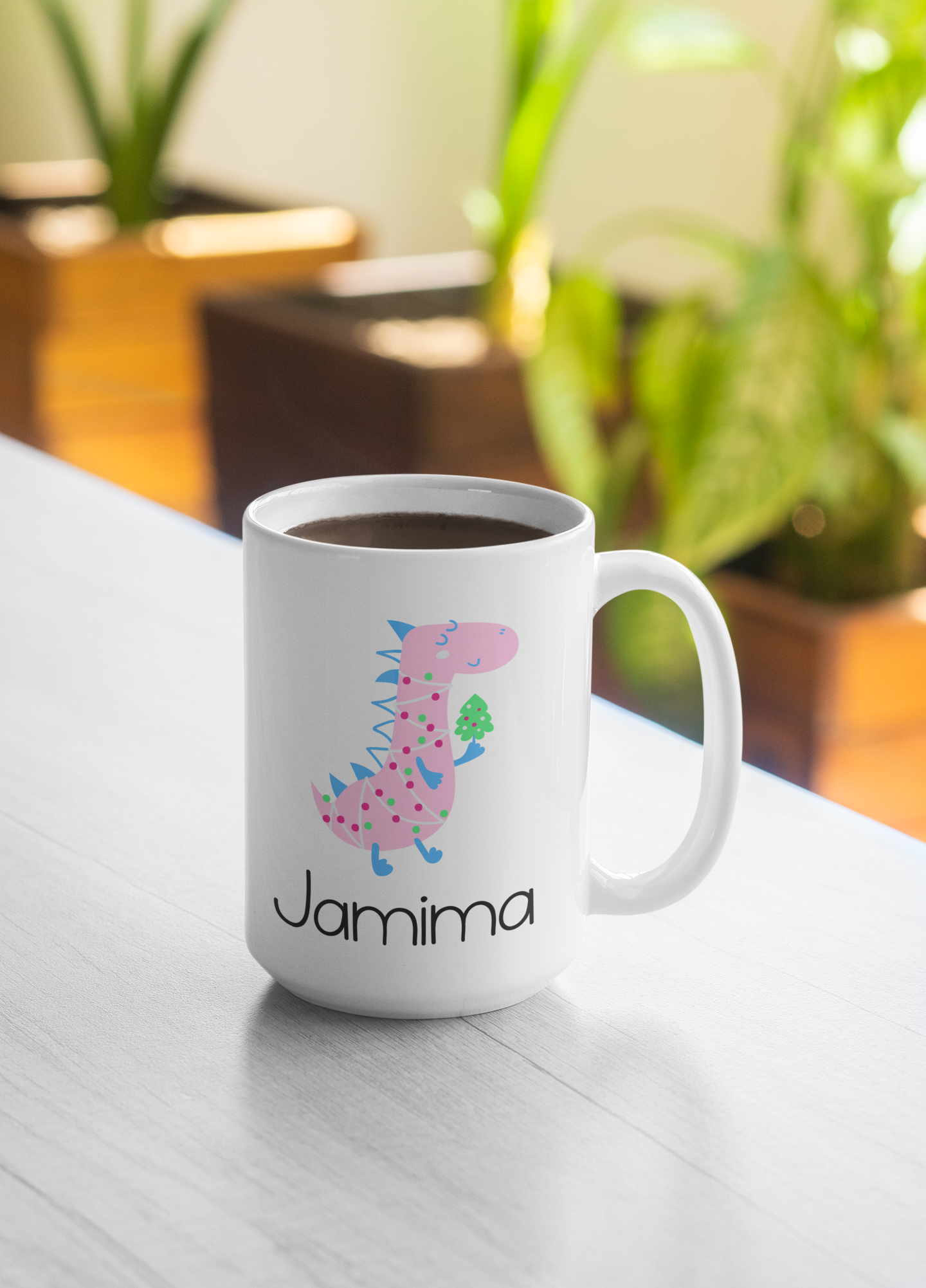 Pink dinosaur Christmas personalised mug
