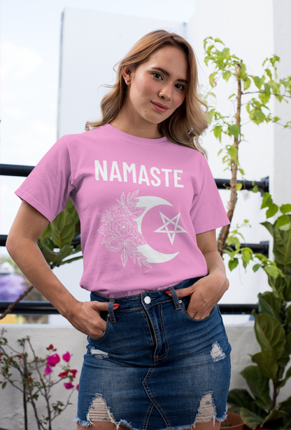 Namaste Cotton T-Shirt Pagan Clothing with moon, flowers and pentagram