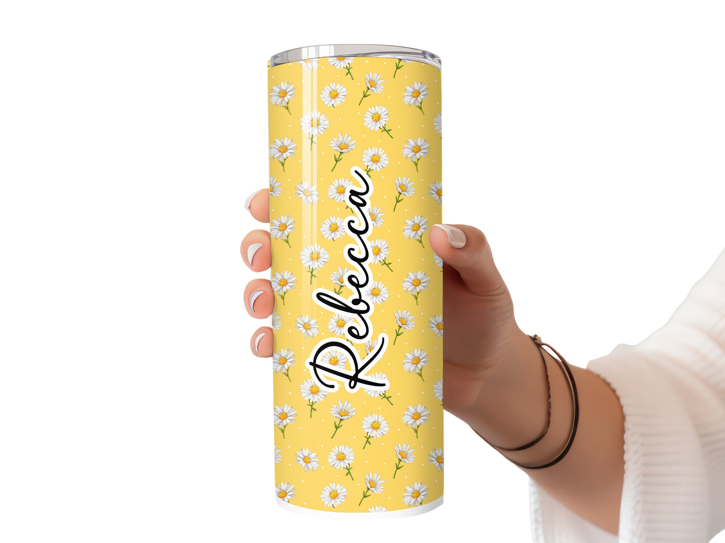 Personalised Yellow Daisy Tumbler - Add ANY Name | Custom Floral Stainless Steel Cup | Gift for Her | Summer Vibes | Cute Aesthetic Tumbler