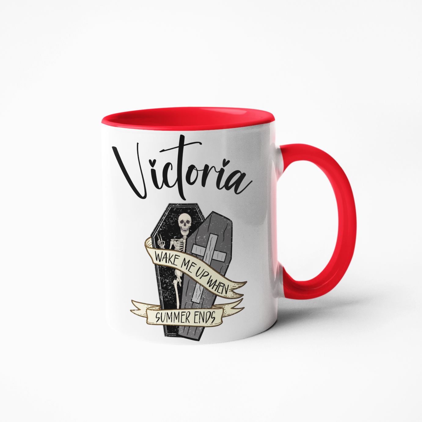 Wake me up summer ends skeleton in coffin any name personalised 11oz mug or 15oz cup