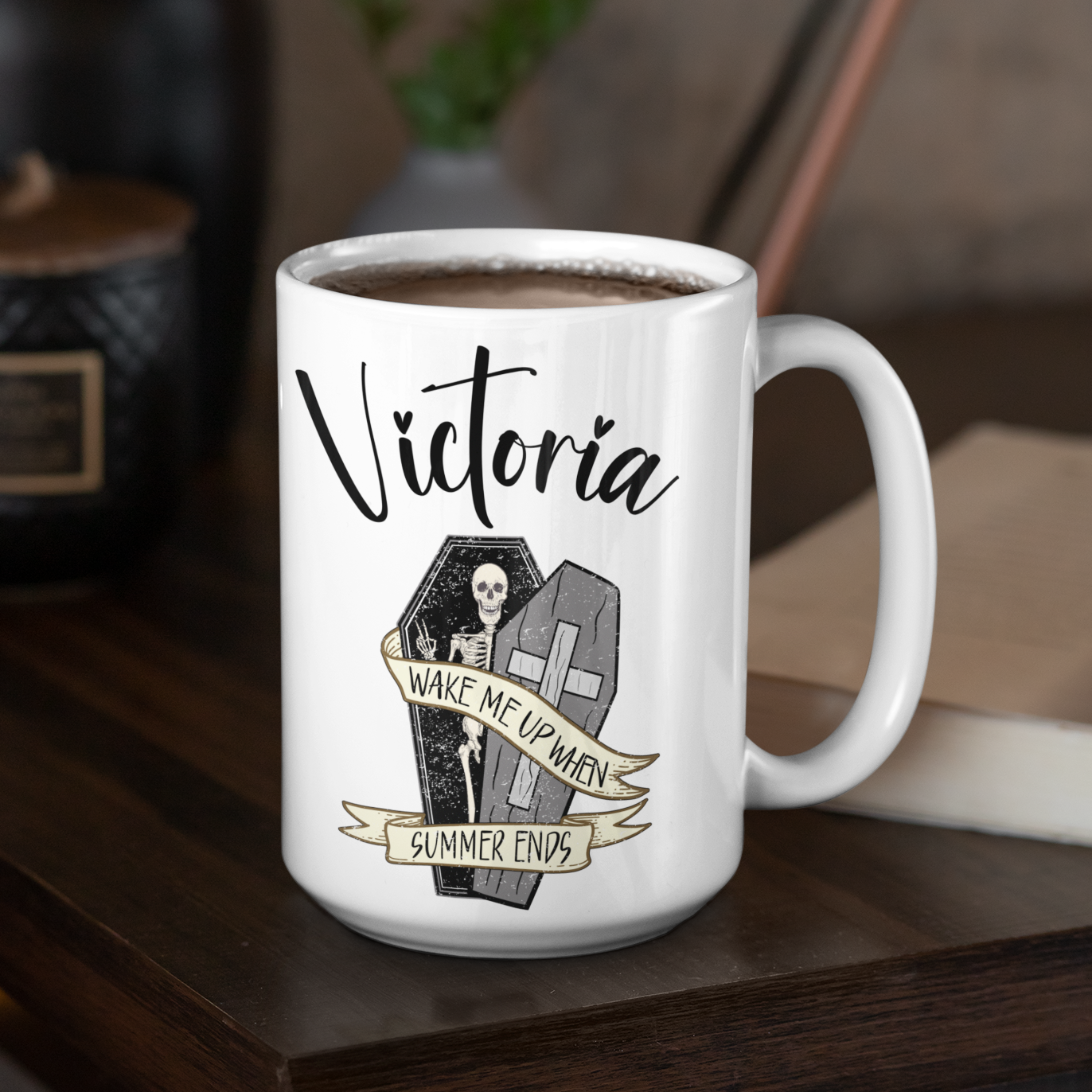 Wake me up summer ends skeleton in coffin any name personalised 11oz mug or 15oz cup