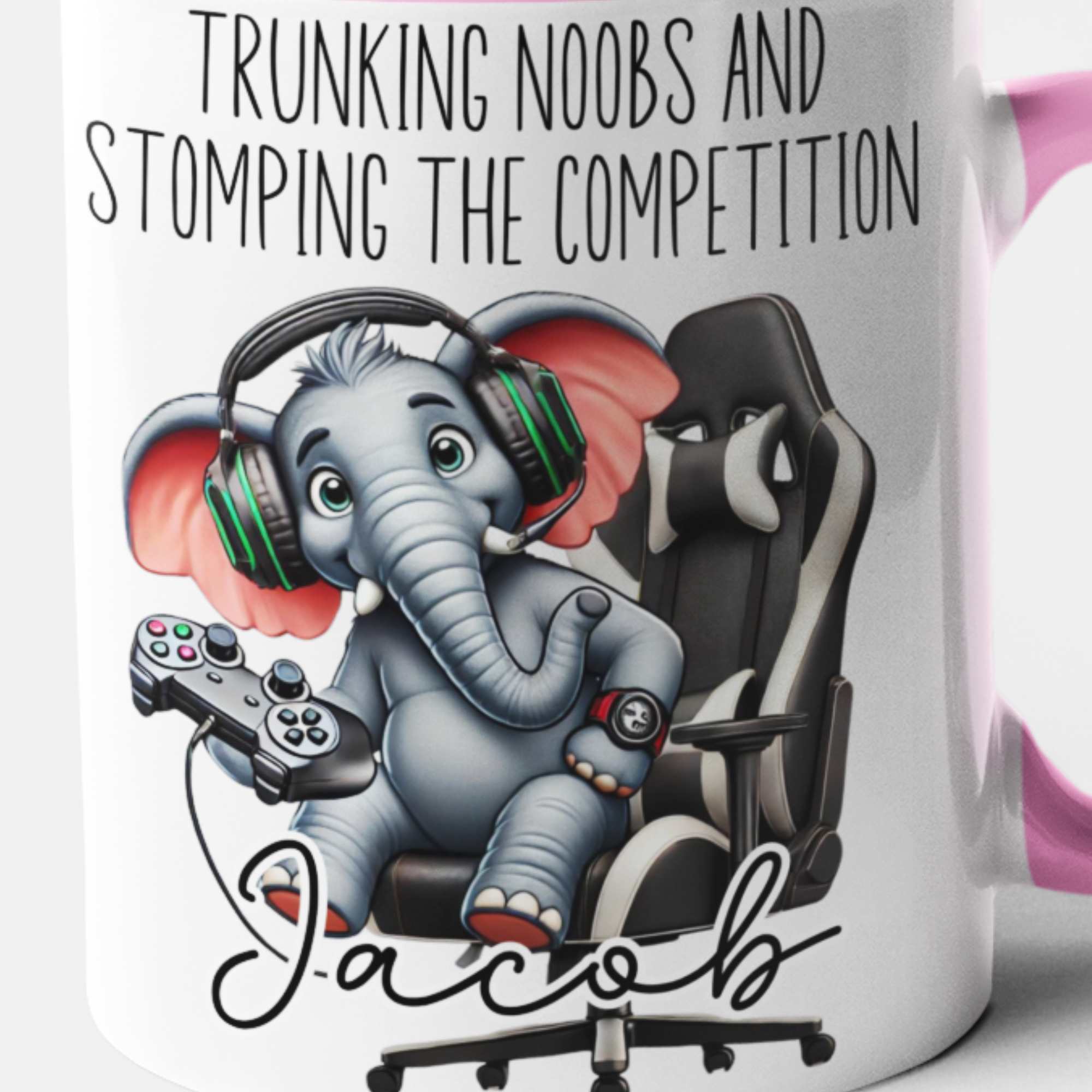 Trunking Noobs & Stomping the Competition Personalised Gamer Elephant Mug – Custom Name Gift for Gamers, Boys, Girls, Teens & Adults – Funny Gaming Mug for Birthdays & Christmas