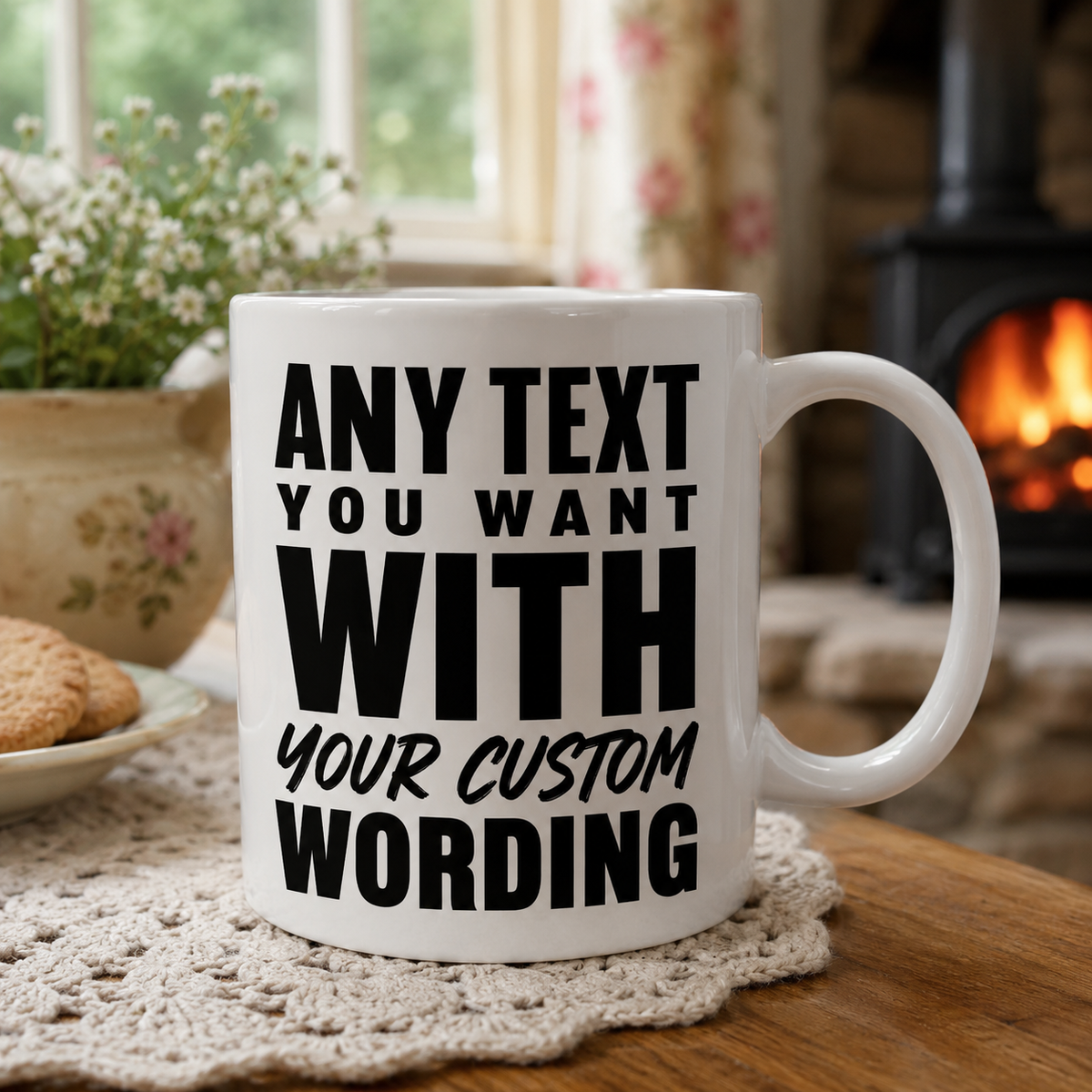 A white ceramic mug with black text with ANY TEXT YOU WANT WITH YOUR CUSTOM WORDING.