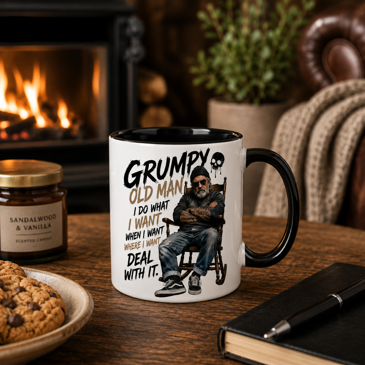 Grumpy Old Man Mug close up with black handle and inside in a cosy man cave style setting. Funny Grumpy Old Man Gift and sarcastic Dad Mug for tea and coffee lovers. Perfect birthday gift for dad, grandad mug, retirement gift for men and funny husband mug.