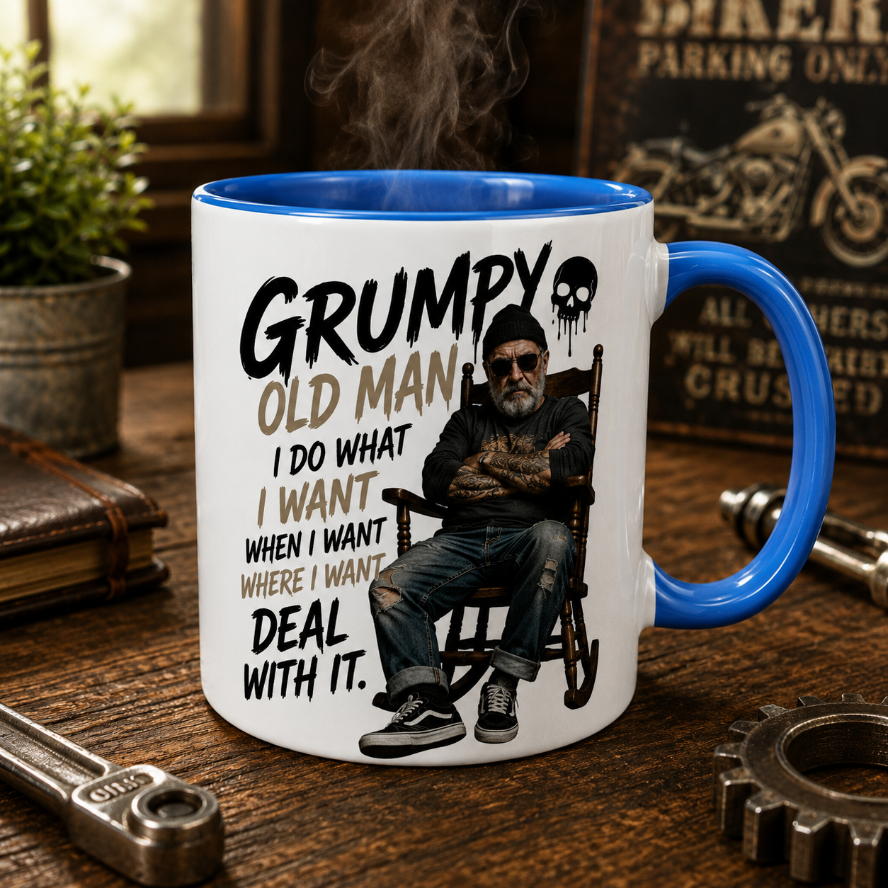 Grumpy Old Man Mug with blue inside and handle displayed in a workshop style setting. Funny mug for men and Grumpy Old Man Gift perfect for dads, husbands and grandads. Great birthday present for men, Father's Day gift and novelty coffee mug for grumpy men.