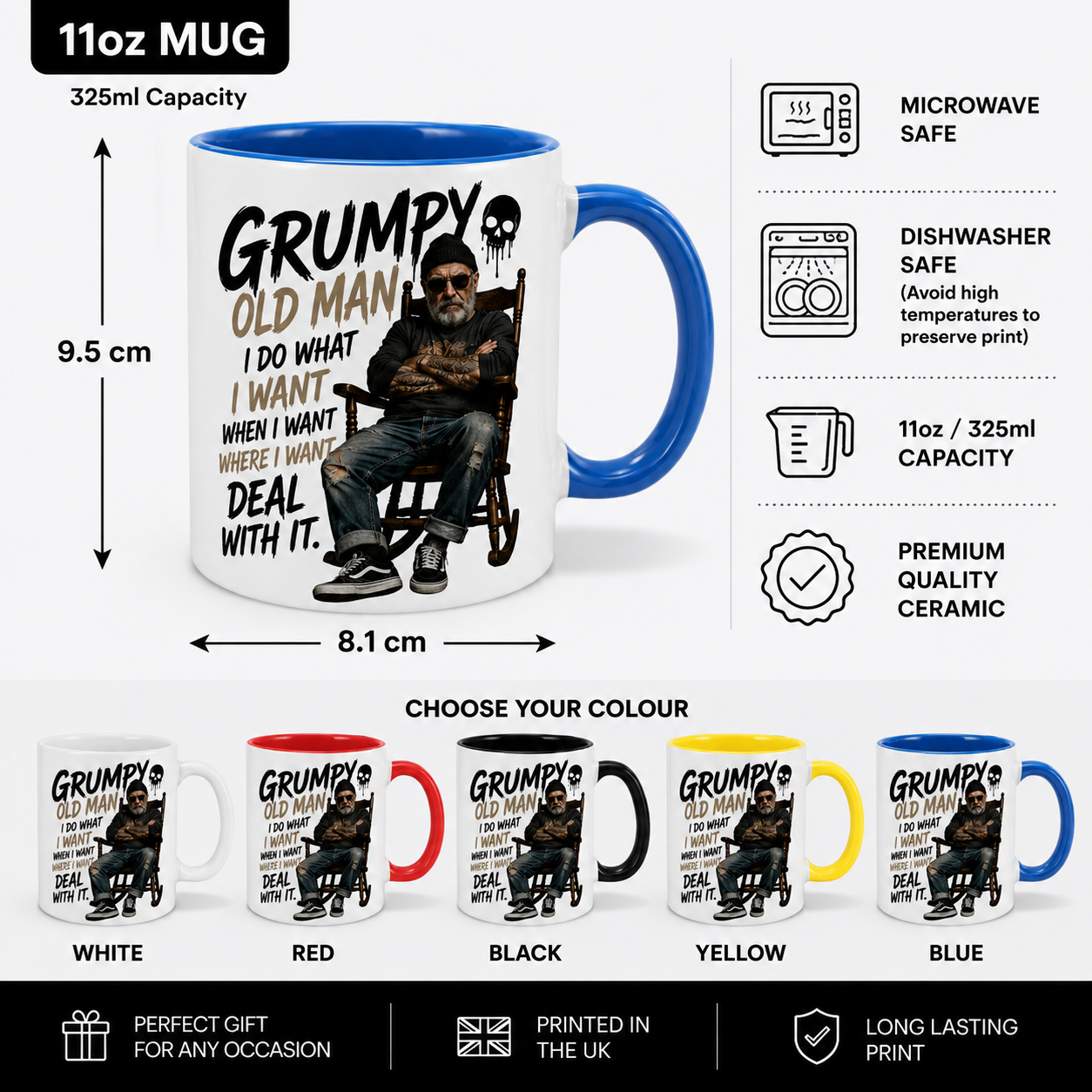 Grumpy Old Man Mug size guide showing 11oz ceramic mug dimensions, colour options and product details. Funny Grumpy Old Man Gift, Dad Mug and novelty coffee mug for men. Great gift idea for Father's Day, birthdays, retirement and grandad gifts.