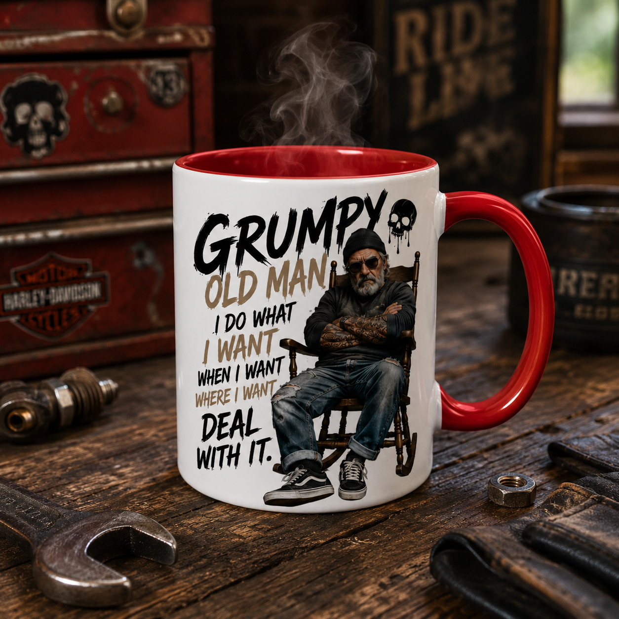 Grumpy Old Man Mug with red inside and handle displayed in a rustic man cave setting. Funny Grumpy Old Man Gift and sarcastic coffee mug for men. Perfect Father's Day gift, retirement present, birthday gift for grandad and funny mug for husbands.
