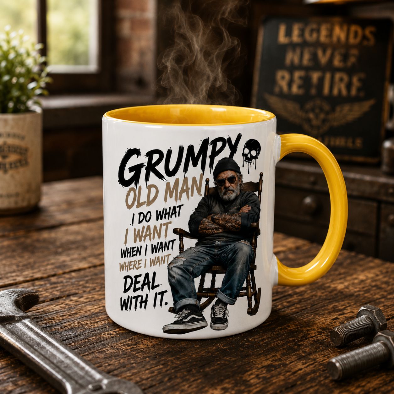 Grumpy Old Man Mug with yellow inside and handle featuring a humorous older man design. Funny Dad Mug and novelty mug gift for grumpy men who love coffee and sarcasm. Ideal retirement gift, birthday gift for dad and gift for grandad.