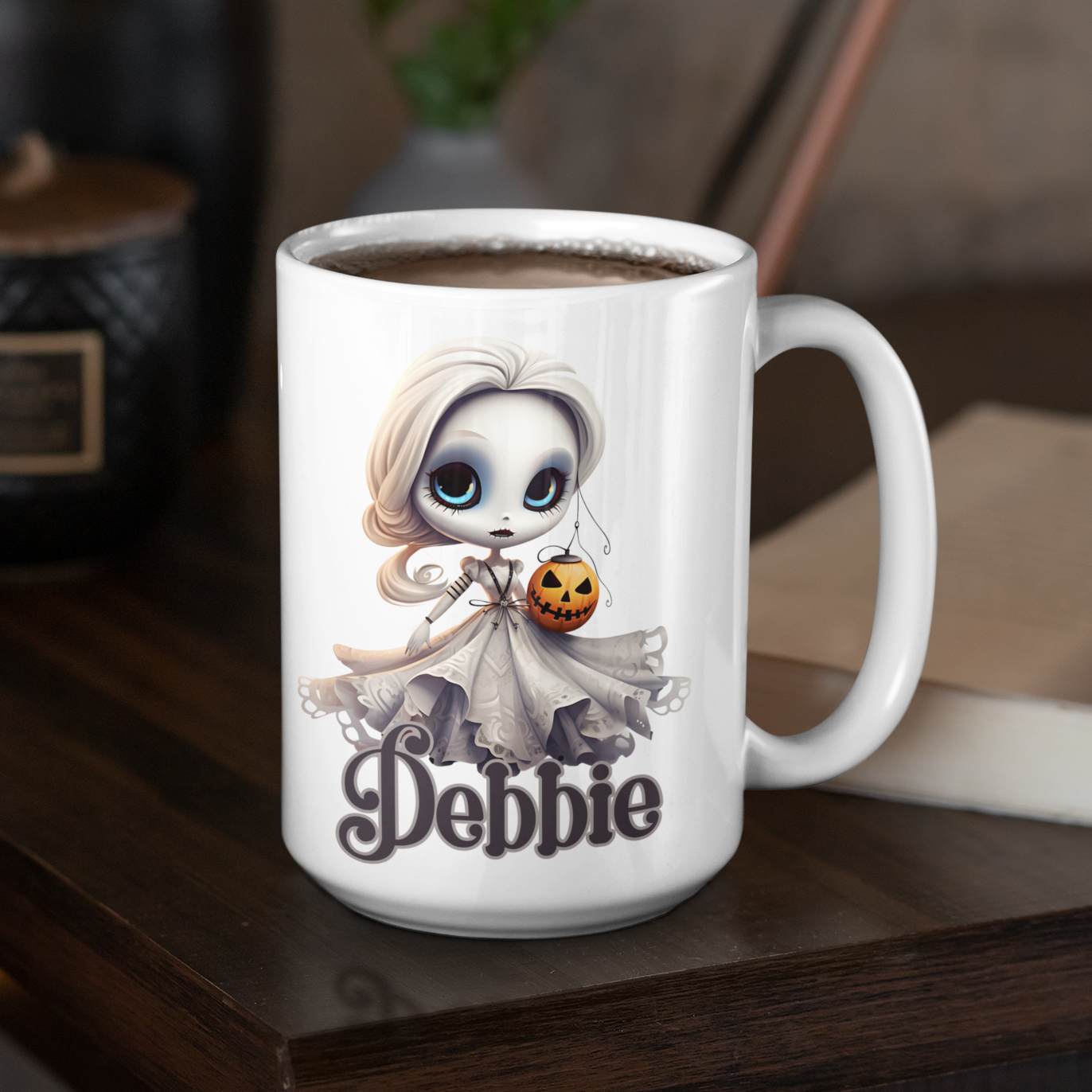 dead doll pumpkin Halloween personalised mug