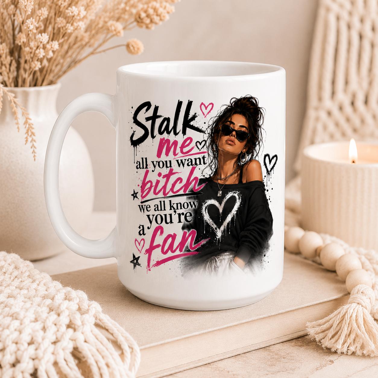 15oz large white ceramic funny sarcastic mug featuring the quote "I Would Listen But You Bore The F*ck Out Of Me" with stylish fashion inspired woman illustration displayed in a cosy modern home setting. Large coffee mug and big tea mug perfect for women who love humour, sarcasm and statement mugs with attitude. Funny mug for her, rude coffee mug, novelty mug, best friend gift, sister gift, coworker gift, birthday gift for women, Secret Santa gift, work bestie gift and funny coffee cup for tea and coffee.