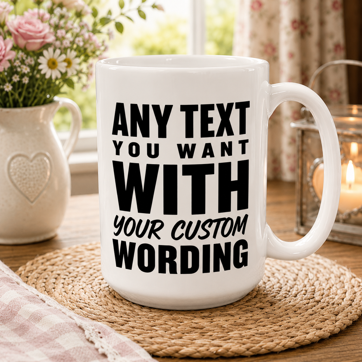 A white ceramic mug with ANY TEXT YOU WANT WITH YOUR CUSTOM WORDING', placed on a woven placemat on a wooden table in a cozy indoor setting with flowers and a candle in the background.