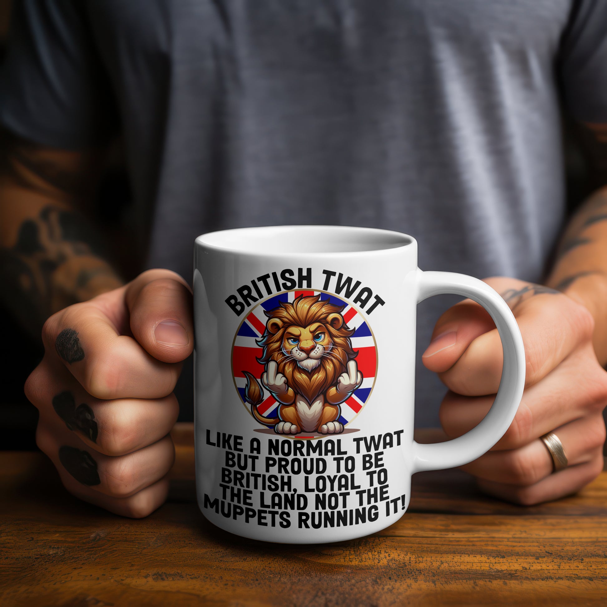 Union Jack lion design British humour mug, here shown as 15oz white ceramic version this funny patriotic gift coffee cup for men or women, novelty UK tea mug perfect for birthdays or Secret Santa.