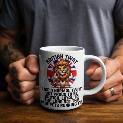 Union Jack lion design British humour mug, here shown as 15oz white ceramic version this funny patriotic gift coffee cup for men or women, novelty UK tea mug perfect for birthdays or Secret Santa.