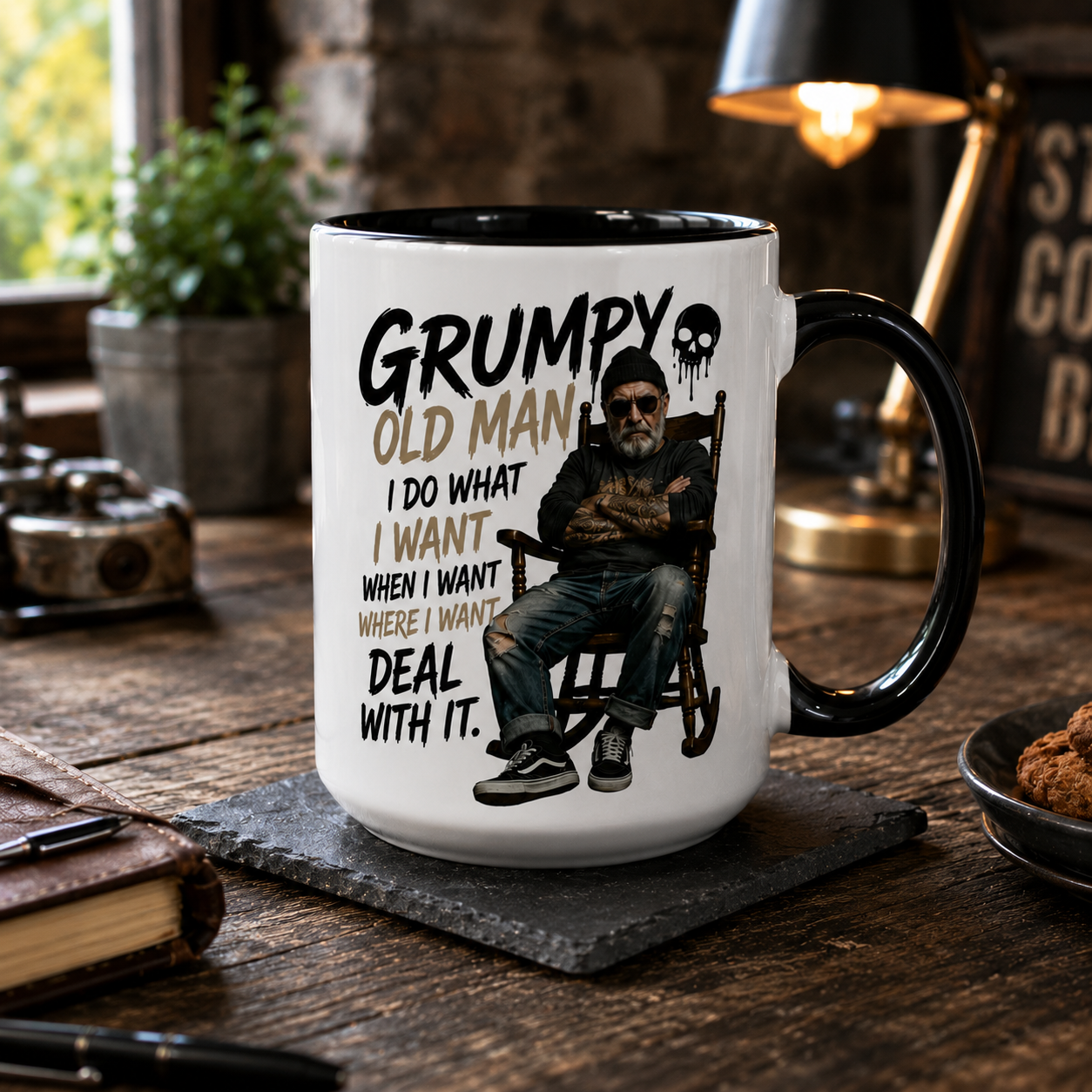 Large 15oz Grumpy Old Man Mug with black inside and handle for tea and coffee lovers. Funny Grumpy Old Man Gift and novelty mug for men. Perfect Dad Mug, retirement gift, birthday gift for grandad and funny husband mug.
