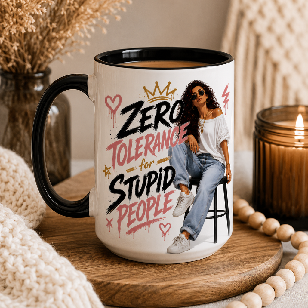 15oz large white ceramic mug with black inside and handle featuring "Zero Tolerance For Stupid People" with stylish fashion artwork displayed in a modern boho home setting. Funny mug for women and large coffee mug ideal as a coworker gift, work bestie gift, office gift, funny birthday gift, coffee lover gift and sarcastic present for women with strong personalities and no patience left.