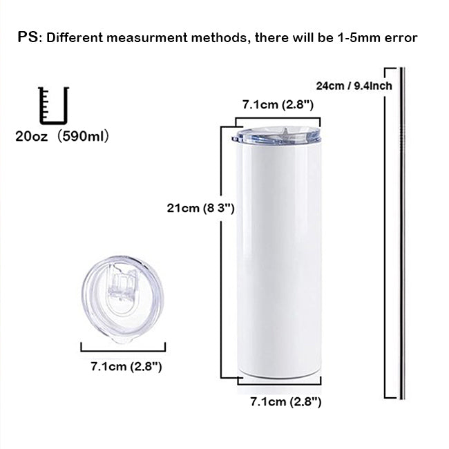 Blank 20oz Sublimation Skinny Tumbler UK – Customisable Stainless Steel Insulated Travel Cup with Lid & Straw – DIY White Glossy Tumbler for Hot & Cold Drinks – Available as Singles or Pack of 10