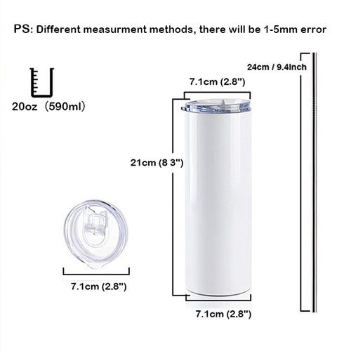 Blank 20oz Sublimation Skinny Tumbler UK – Customisable Stainless Steel Insulated Travel Cup with Lid & Straw – DIY White Glossy Tumbler for Hot & Cold Drinks – Available as Singles or Pack of 10