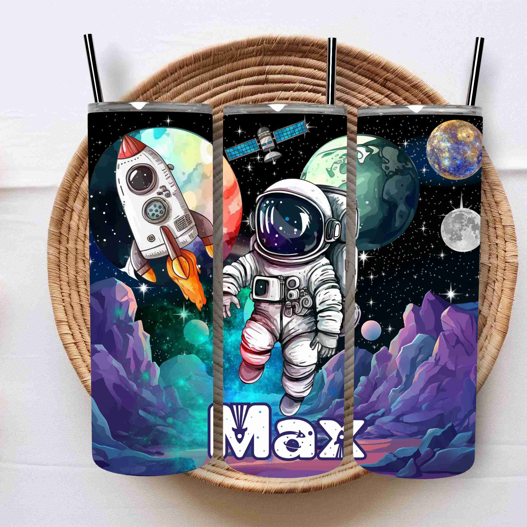 Space themed astronaut stars planets personalised tumbler 20oz