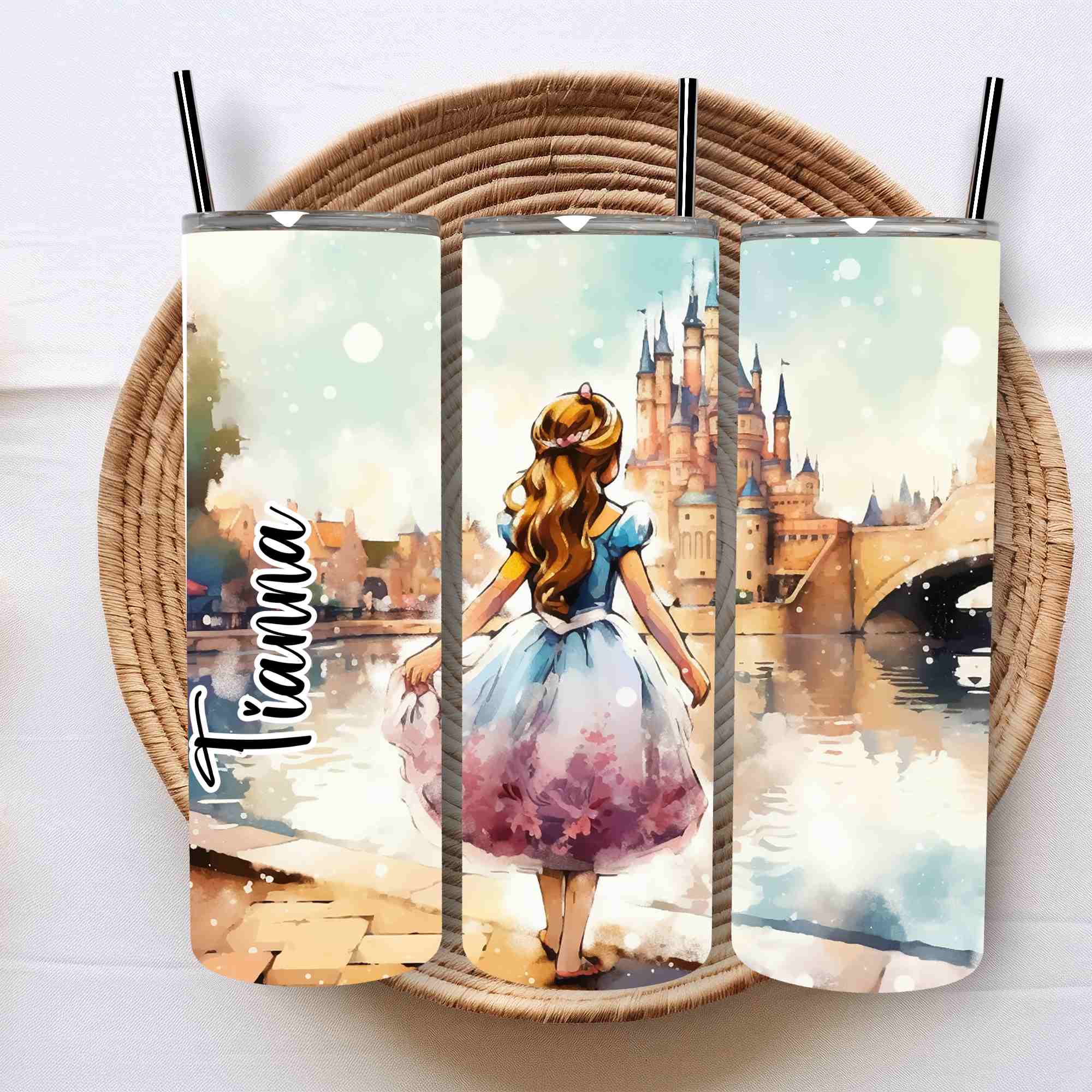 Princess with castle background personalised any name tumbler