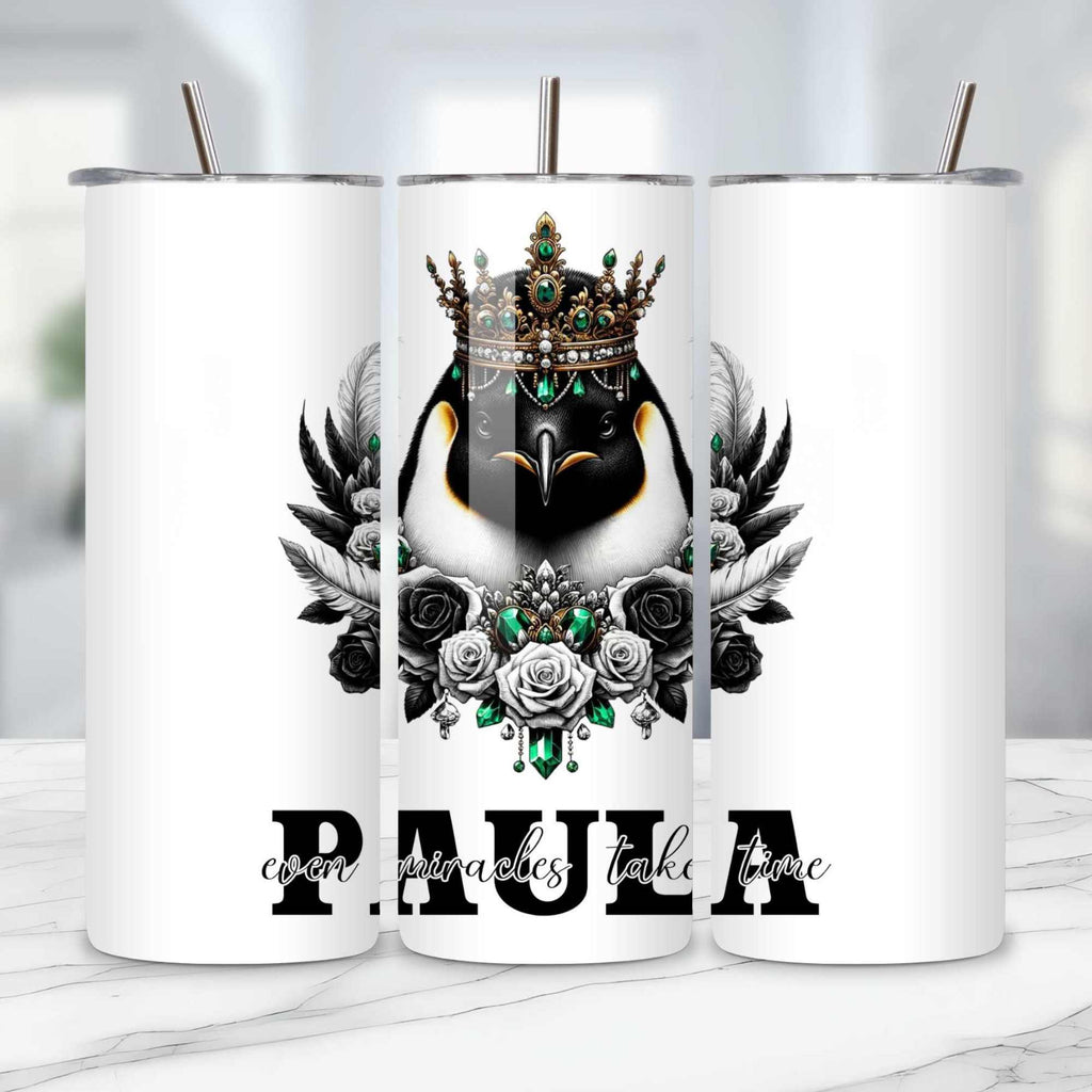 Regal Penguin Crowned Drinkware: Personalized 11oz/15oz Mugs, 20oz Insulated Tumblers, Elegant Coasters - Timeless Gifts for Animal Lovers