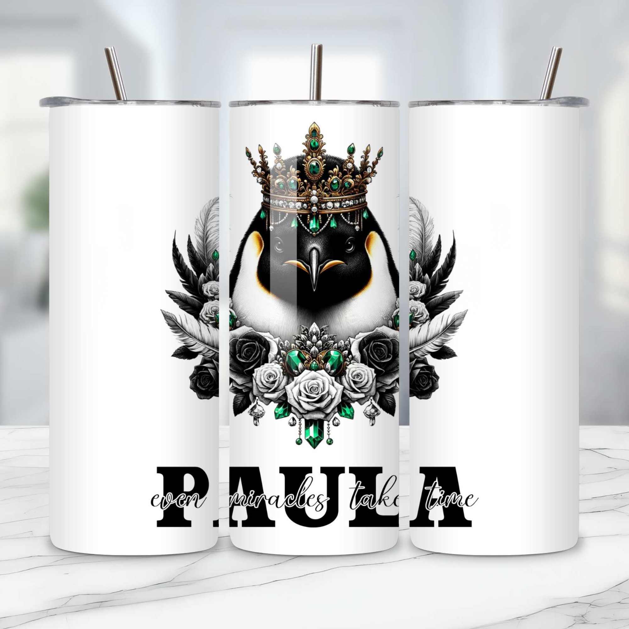 Regal Penguin Crowned Drinkware: Personalized 11oz/15oz Mugs, 20oz Insulated Tumblers, Elegant Coasters - Timeless Gifts for Animal Lovers