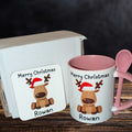 Reindeer Mug & Coaster Set with Custom Name – Pink Ceramic Mug with Matching Spoon 🎅 Perfect Festive Gift for Hot Chocolate, Coffee, & Tea Lovers This Christmas 🎄 Stocking Filler, Secret Santa, Christmas Morning