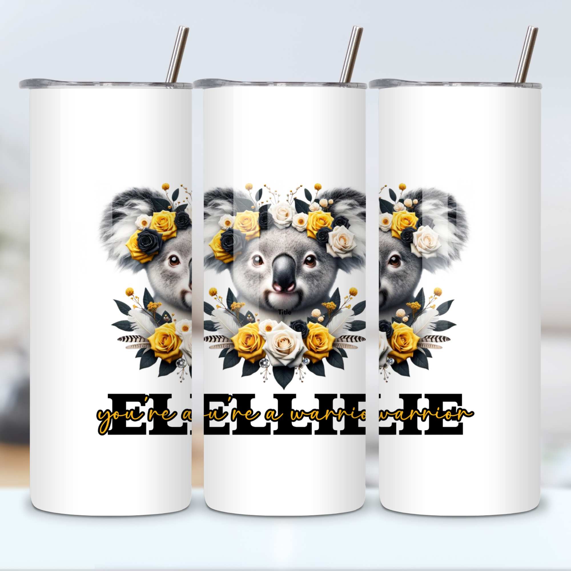 Koala Inspirational Personalised Mug or Tumbler 11oz/15oz Ceramic Mugs, 20oz Travel Tumbler, Colorful Coasters - "You're a Warrior" Collection